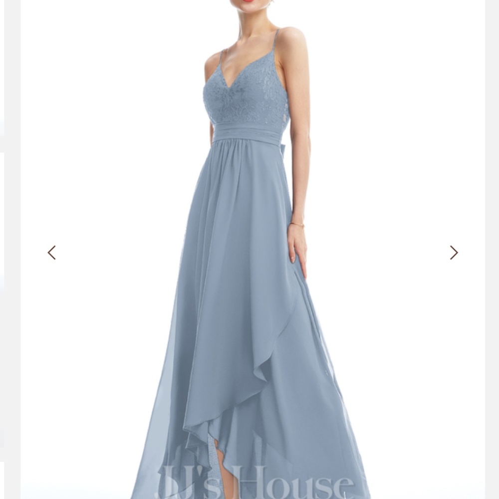 A-line V-Neck Asymmetrical Lace Chiffon Cocktail Dress in Dusty Blue